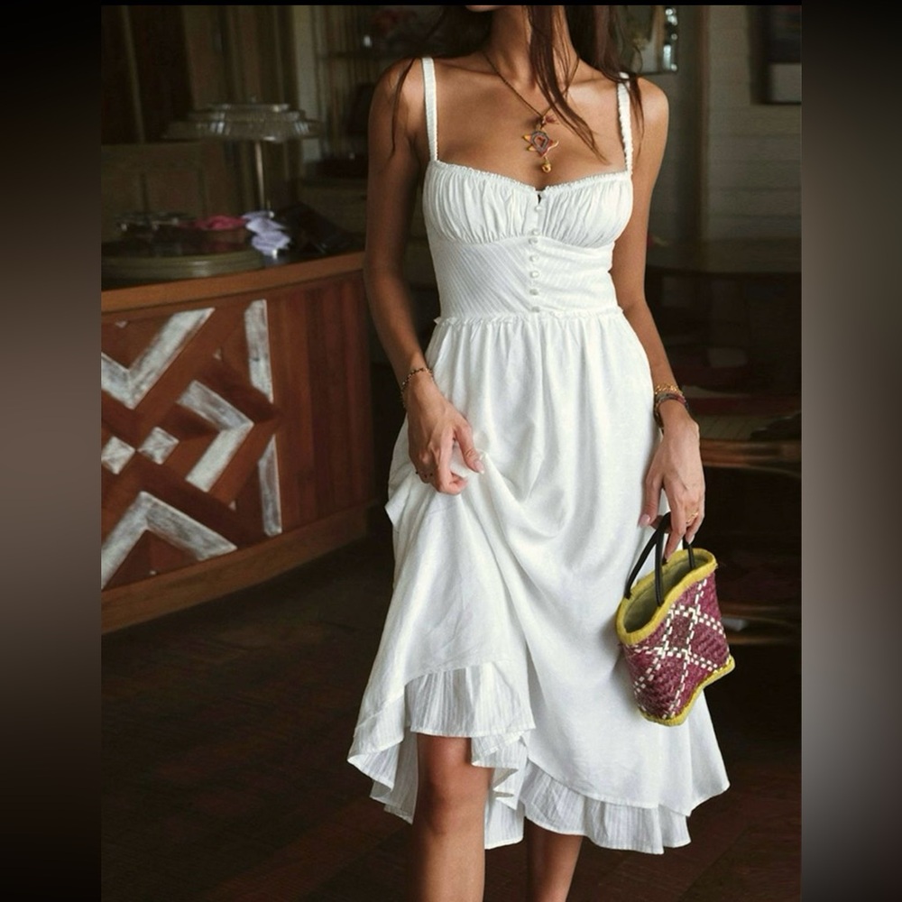 Commense Ruffle Hem Cami Plain Midi Dress